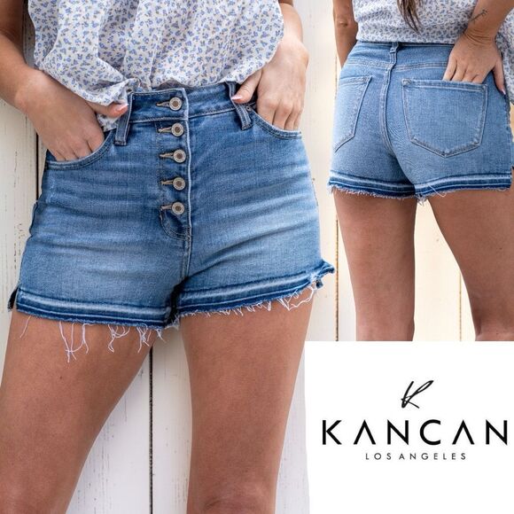 KanCan Pants - KanCan High Rise Button Fly Denim Shorts Raw Frayed Hem Medium Wash NWT